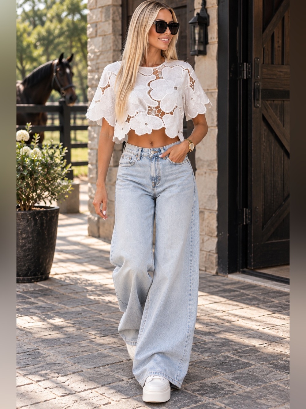 🤍 White Floral Cutwork Lace Top – Size Medium